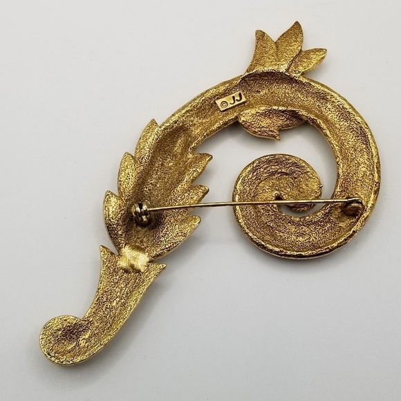 Vintage Signed JJ Gold Tone Art Deco Swirl Feather Leaf Brooch Bar Pin Ornate - Picture 13 of 15